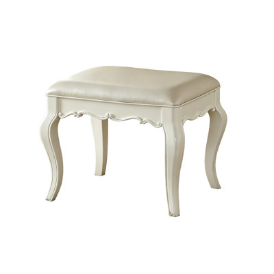 22"Modern Light Luxury Pine Wood Accent Stool with Pearl White Solid Wood Frame, Faux Leather Cushion Easy to Clean, Cabriole Legs & Scrolled Apron, Cozy Farmhouse Style, Versatile Small Seat for Vanity & Study