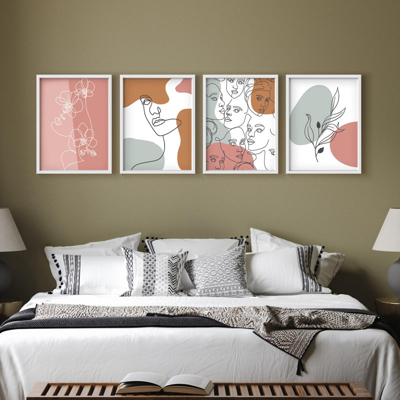 «Modern Line Art visages and Botanicals Illustration Relax Minimalist Abstract Wall Decor», 4 pièces, Blanc