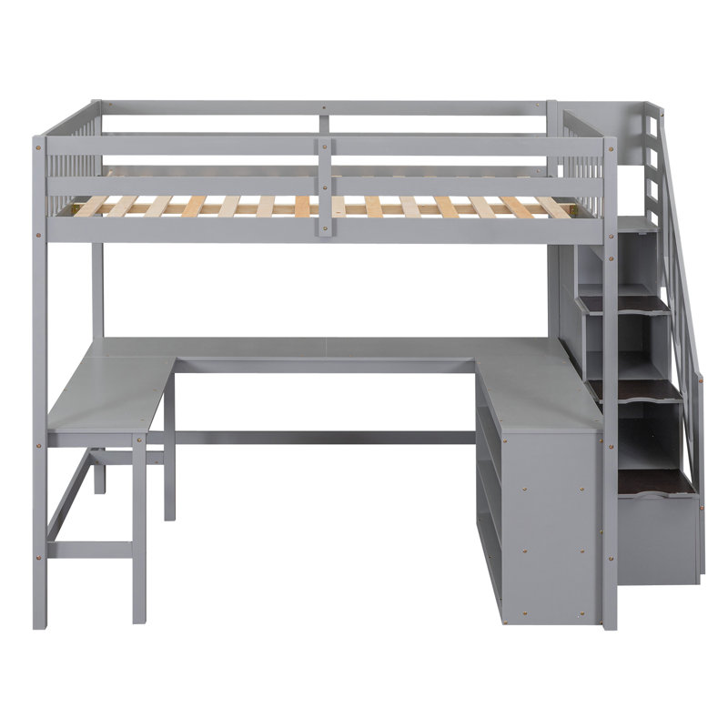 Full Size Loft Bed with L-Shaped Desk, Storage Shelves & Attached Storage Staircase, Grey