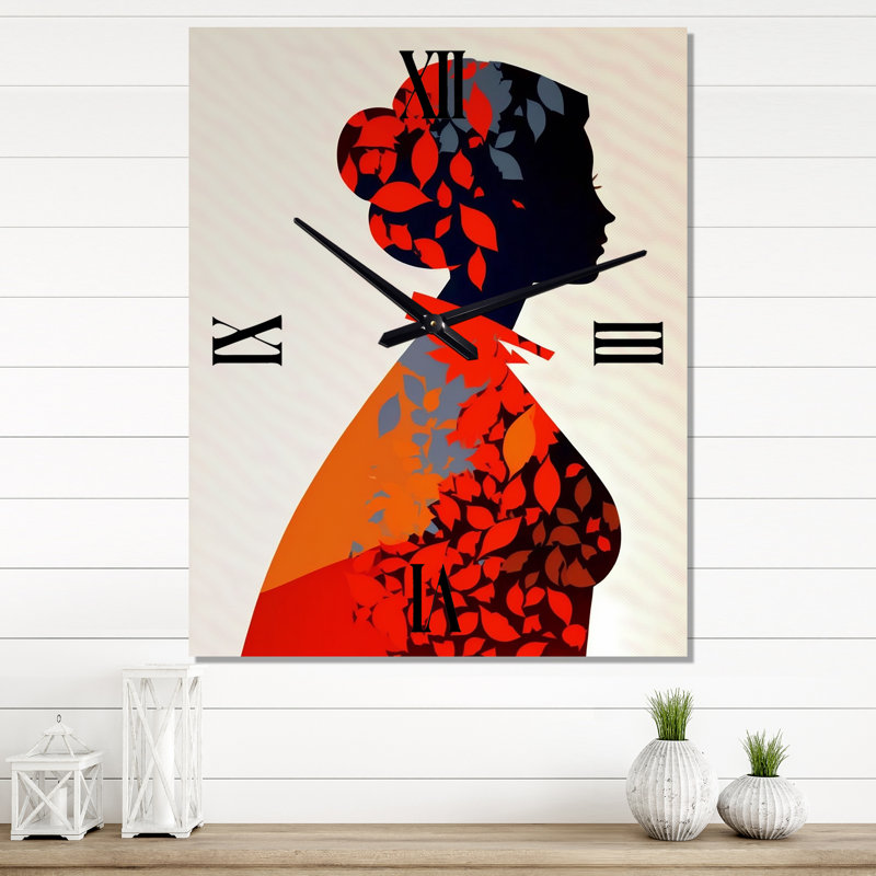 Red Silhouette With Autumn Leaves - Modern Woman Wall Clock, Extra Large
