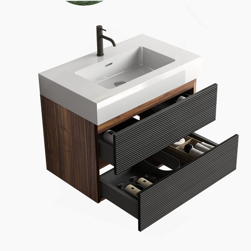 Meuble-lavabo de 30 pi avec lavabo en quartz d'ingénierie et tiroirs noirs doux, meuble-lavabo mural flottant pour salle de bain moderne, lavabo blanc brillant une pièce, KD