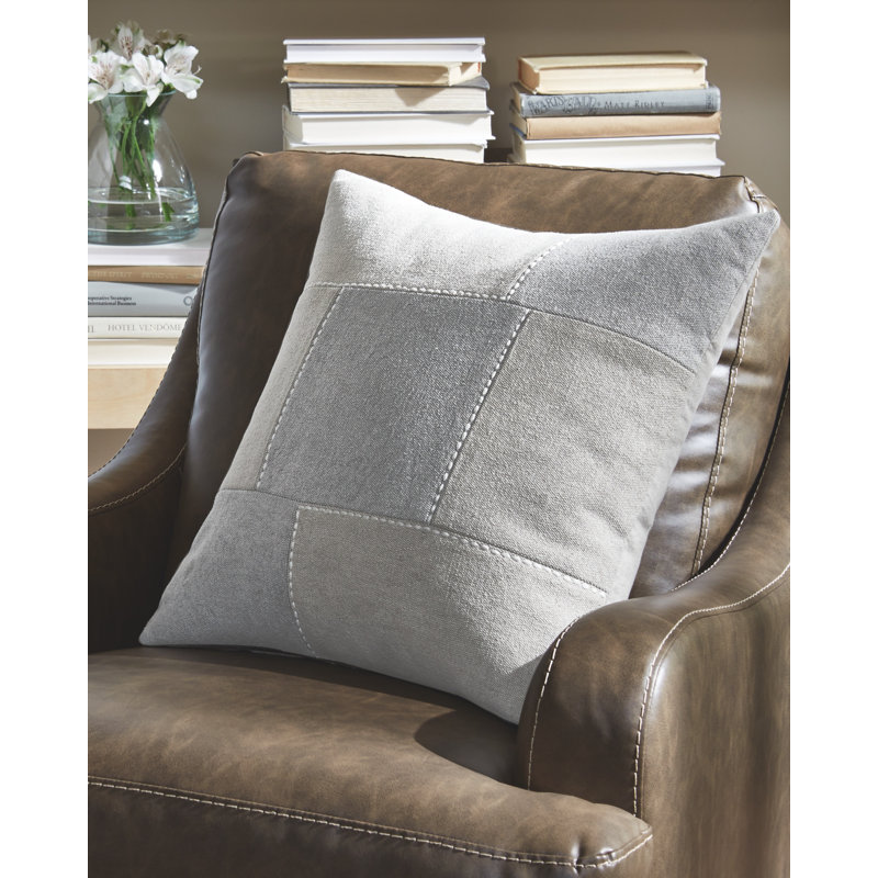 Gray and Tan Embroidered Square Patchwork Pillow