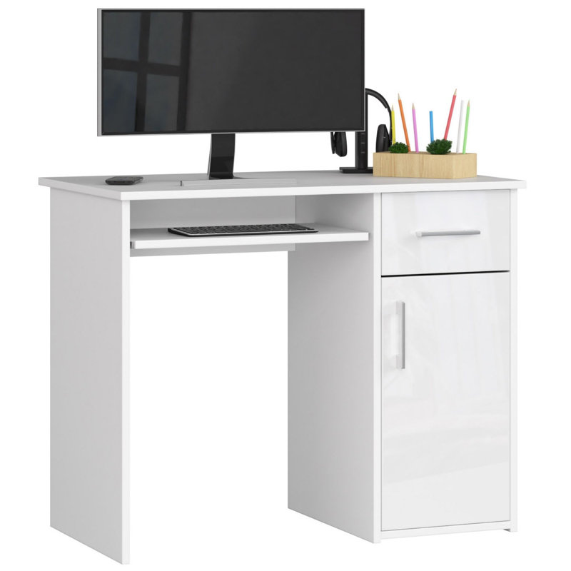 Eldrid Commercial Use 90Cm W Rectangular Computer Desk with Cabinet, Gloss White