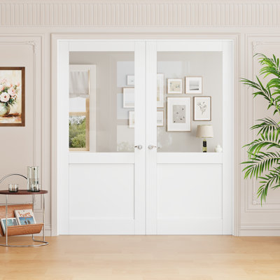 Interior Pantry French Doors Half Clear Glass Panel Modern Solid Manufactured Wood Primed French Double Door With Hardware / Frame