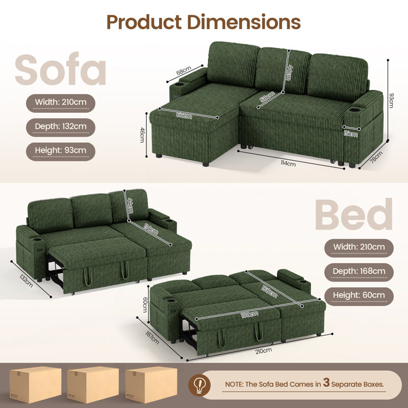 3 Seater Sofa & Chaise, Green Corduroy--