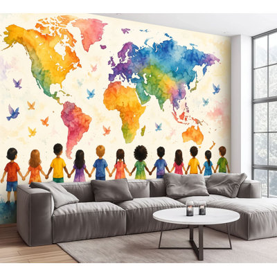 Wall Mural Peel and Stick Wallpaper Colorful World Map Children Holding Hands Birds Self-Adhesive Removable Contact Paper Wall Decor for Living Room Bedroom 100"H x 144"W