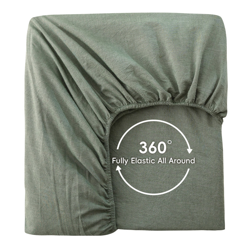 MooMee Fitted Sheet Only Extra Deep Pocket 100% Washed Cotton Linen Like Textured Lightweight Breathable, Queen 
