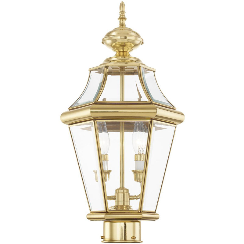 2 Light Outdoor Post Lantern Pendant with Clear Glass Shade, Polished Brass