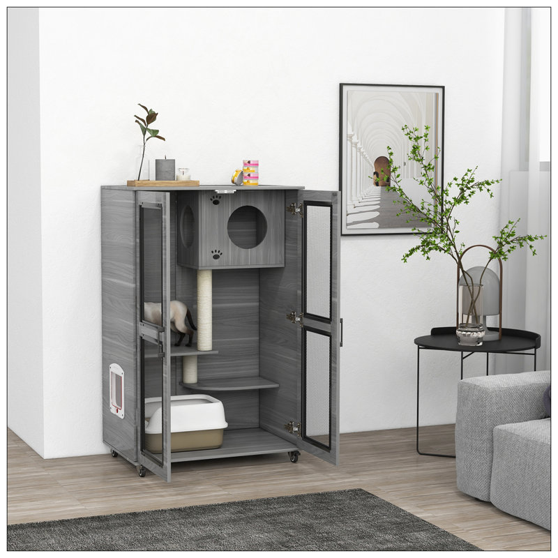 Luxury Cat House With Wheels, Kitty Cage Catio Villa With Scratching Posts, Condo, Flap Door, And Cushion For Indoor Cats