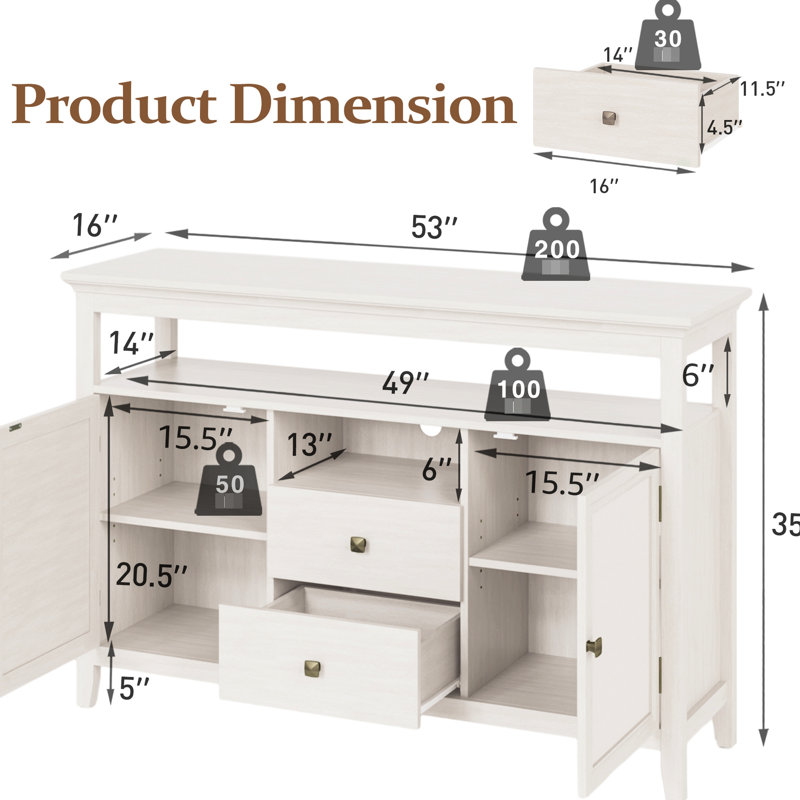 Buffet, armoire de 52,8 po pour la cuisine - bois blanc et tablettes de rangement robustes à usage fonctionnel, blanc, P 53 po x l 36 po, H 16 po, 90 lb
