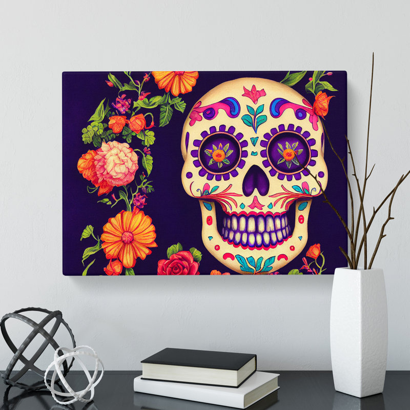 Fancy Floral Sugar Skull - Wrapped Canvas, 35cm H x 50cm W x 3cm D