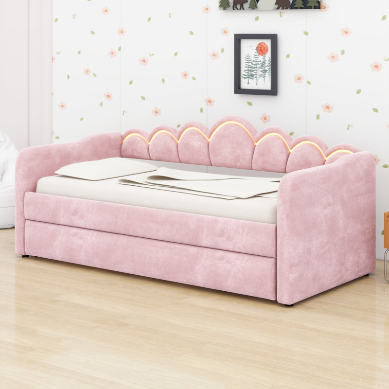 Contemporary Upholstered Daybed & Trundle with LED Lights, Pink