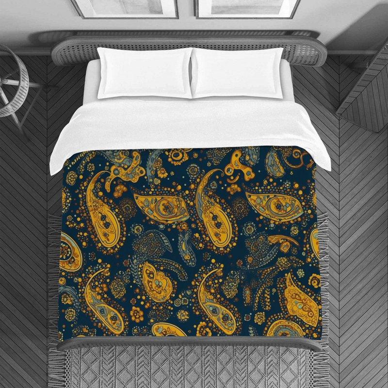 Machine Printed Duvet Cover, Twin Duvet Cover, Blue/Gold Paisley
