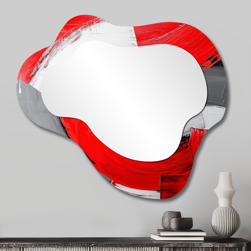 Grand miroir décoratif minimaliste irrégulier - énergie cinétique rouge et grise, impression métallique, 25 po x 28 po