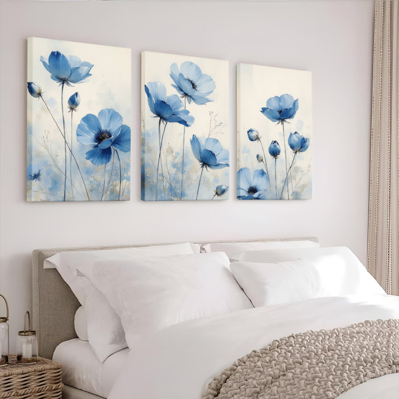 «Blue Poppy Floral», reproduction d'art sur toile tendue sur toile (ensemble de 3), H 24 po x l 48 po