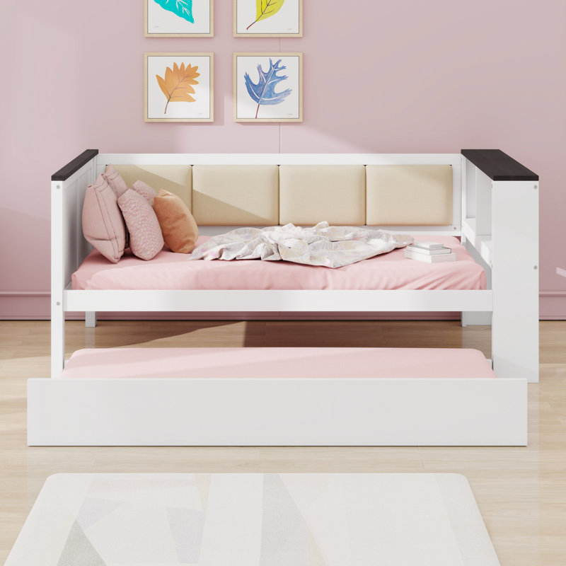 Lit de jour avec tablettes de rangement, dossier rembourré, port USB et lit gigogne, Lit simple