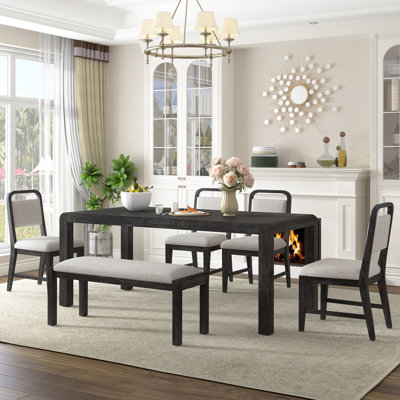Ensemble de salle à manger 6 pièces, table de salle à manger extensible avec 4 chaises rembourrées et 1 banc