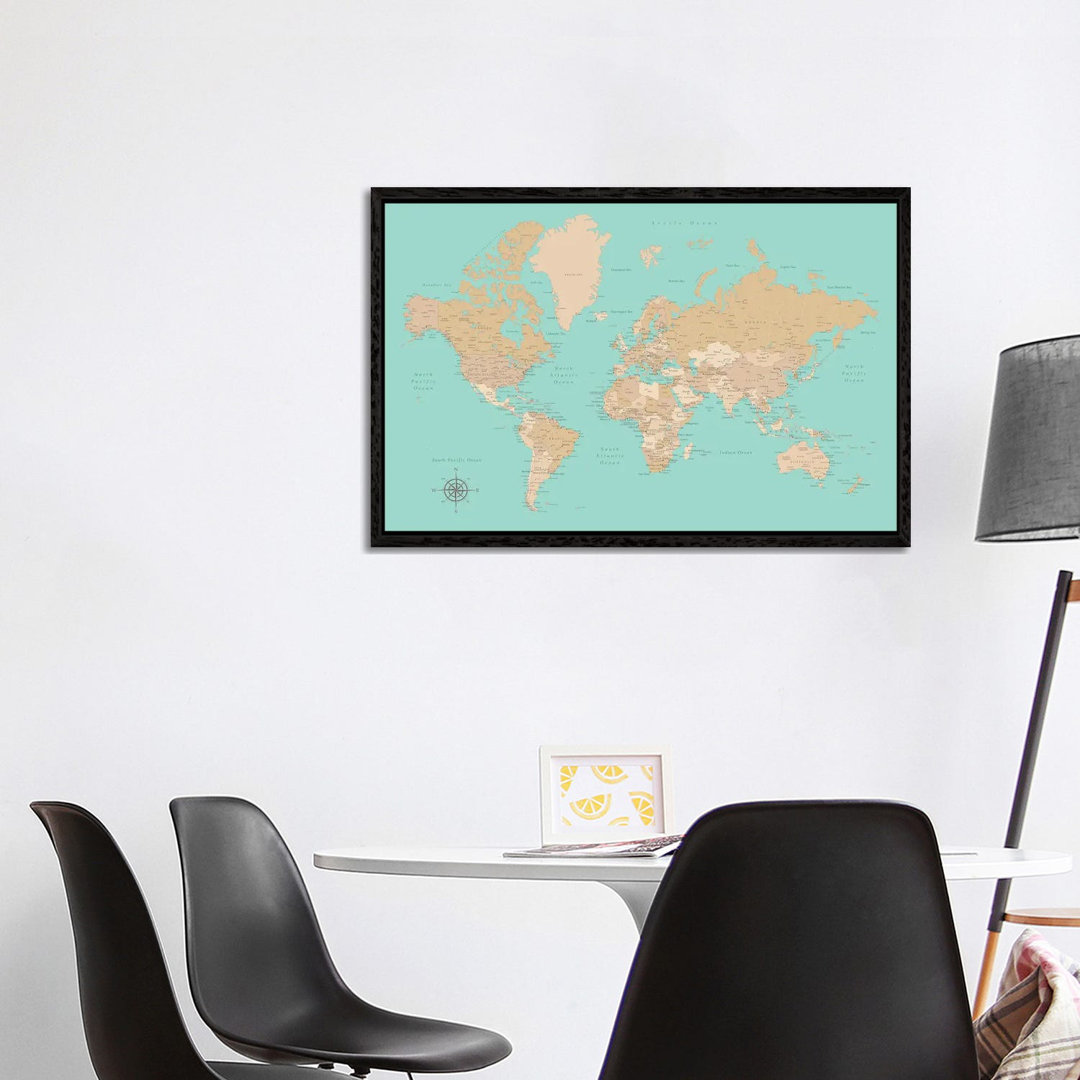 Vintage Style Teal And Brown World Map With Cities by Blursbyai - Gallery- Giclée on Canvas