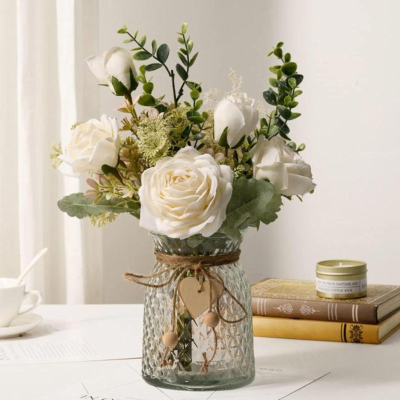 Fake Flowers With Vase, Silk Roses Artificial Flowers In Vase, Faux Flower Arrangement With Vase Suitable For Home Office Decoration, Dining Table Centerpiece