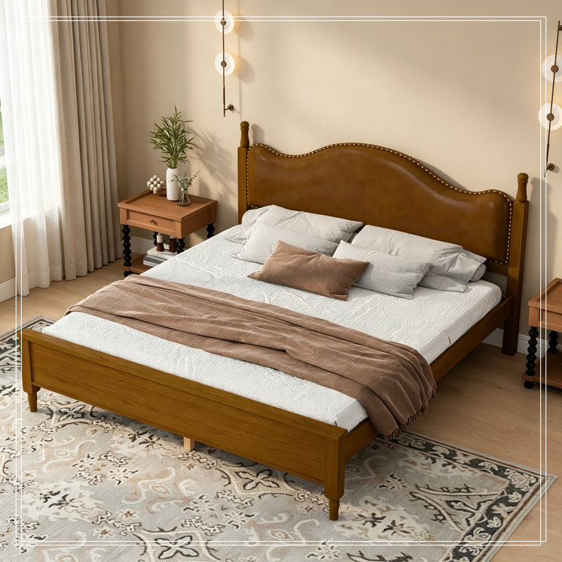 Très grande plateforme en bois avec tête de lit tapissier Impriano, Brown