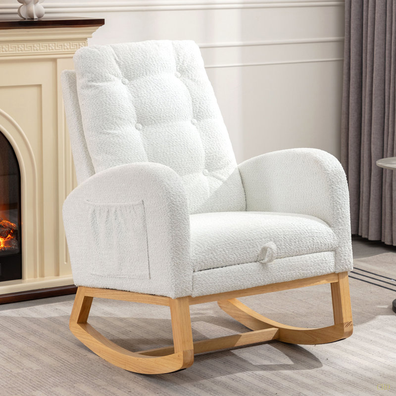 Chaise berçante décorative avec repose-pieds à haut dossier en bois d'hévéa, Blanc
