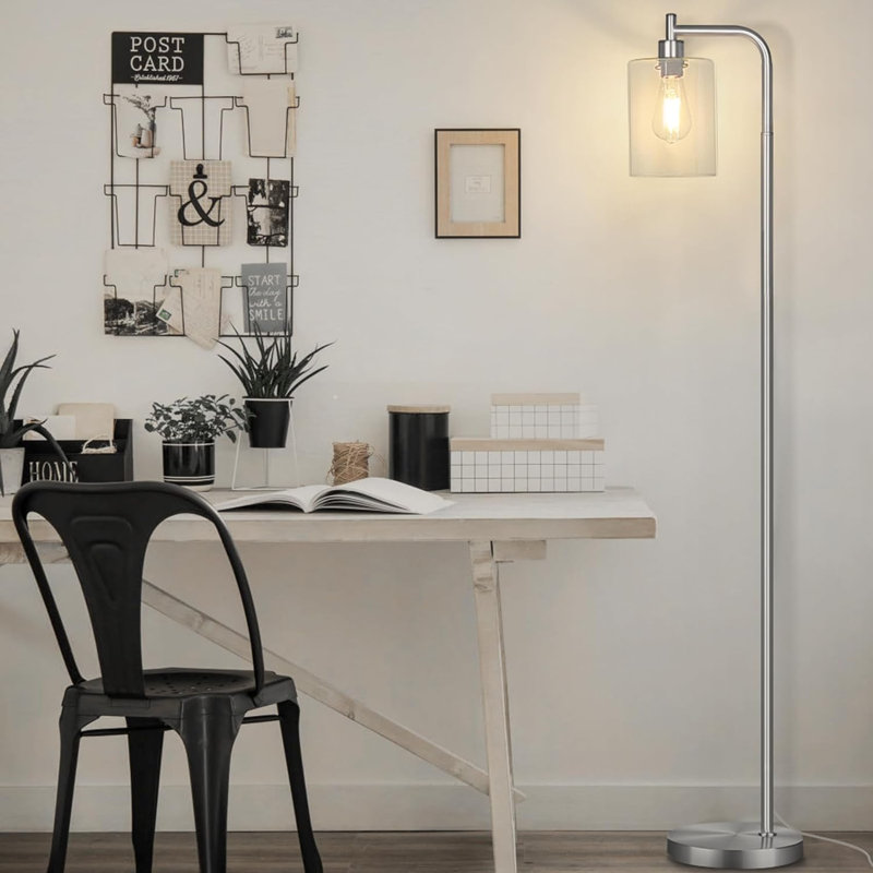 Lampe sur pied industrielle, lampes sur pied modernes avec abat-jour en verre transparent suspendu, grand lampadaire de lecture classique pour le salon, noir