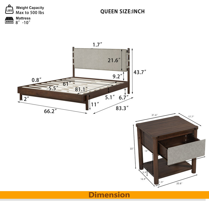 Ensemble de base de lit moderne avec 2 tables de chevet, lit plateforme en bois avec tête de lit et tables de chevet assorties pour la chambre à coucher