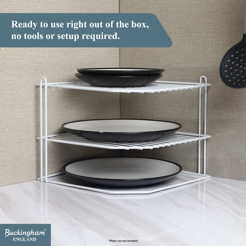 Buckingham 3 Tier Corner Plate Rack Kitchen Cupboard Tidy Storage Organiser, White