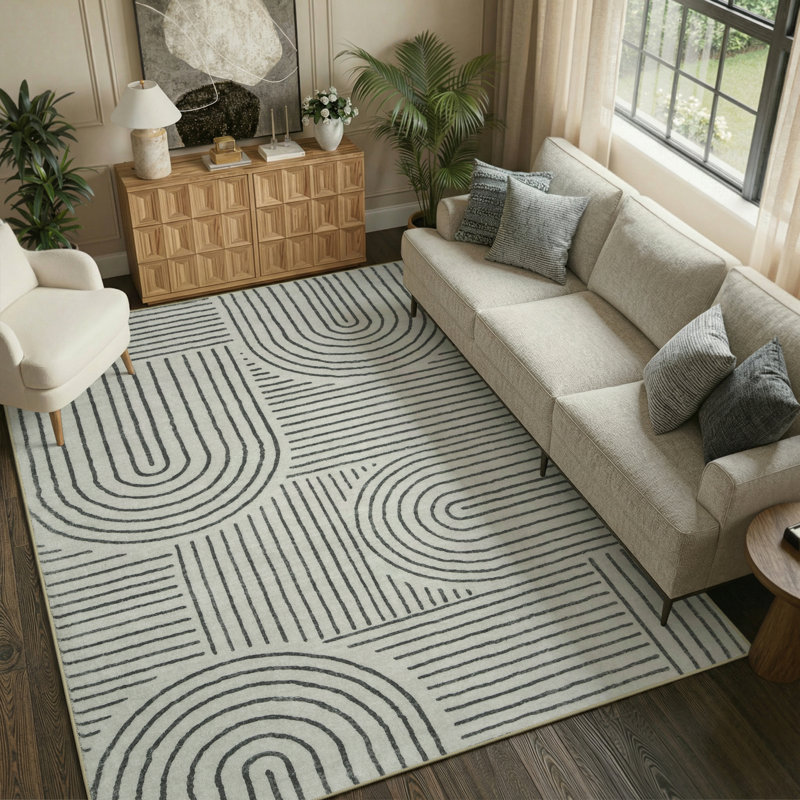 Celeta Washable Abstract Japandi Rainbow Striped Black Area Rug - Colorful Modern Carpet for Living Room, Bedroom, or Office Decor