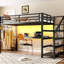 Lit mezzanine simple en métal avec bureau, escalier de rangement, lumières à DEL, prises de courant, filets en fer, robuste et silencieux, charge de bureau noire, rouille multifonctionnelle, fonctionnement silencieux,