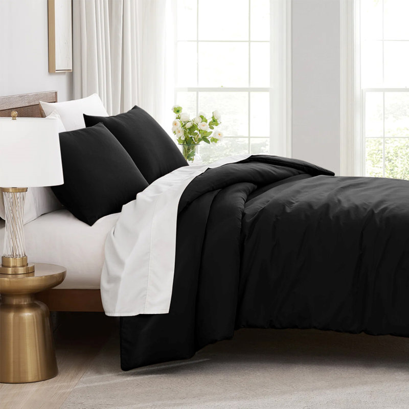 Microfibre 200 TC Plain Reversible Plain Weave Modern & Contemporary Duvet Cover Set, Black, Single - 1 Standard Pillowcase