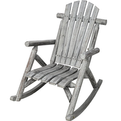 Chaise berçante grise en bois gris avec construction robuste, lattes de siège ergonomiques et impulsion à bascule lisse pour le jardin, le porche, la conception inspirée de la bûche de sapin à l'intérieur, soutien lombaire, rapide