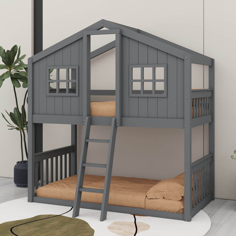 House-Style Bunk Bed With Built-In Ladder, Gray