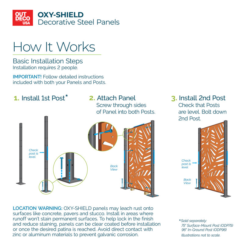 Panneau d'intimité décoratif en acier oxy-bouclé avec vis Oasis 3 pi x 6 pi Oasis