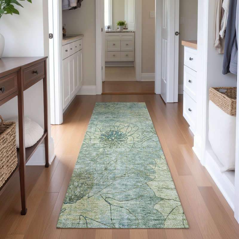 Premium Machine Washable Mayfield AMF2235 Floral Rug, Seafoam, 2'3" x 7'6" Runner