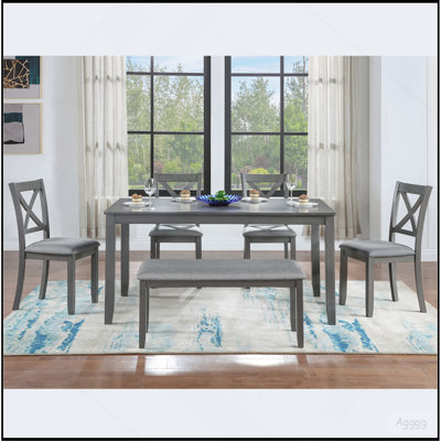 6 Piece Kitchen Dining Set, Rectangular Wooden Dining Table with 4 Upholstered Chairs and a Bench, Dining Table Set for 6 People, Living Room, Home Ba