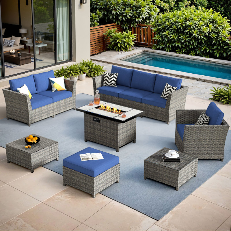 Ignatz 10 - Piece Patio Furniture Set With Cushions, Navy Blue