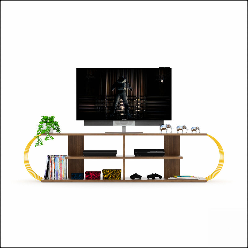 Meuble télé FurnisHome de style moderne du milieu du siècle avec 4 étagères, rangement ouvert et centre multimédia de 68 pouces, noyer/jaune