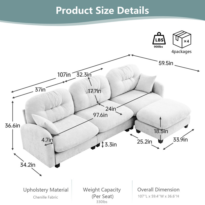 Modular L-Shaped Sectional Sofa Chenille Upholstered 3-Seater Couch with Ottoman, Tufted Backrest & Ergonomic Design for Living Rooms & Bedrooms, Easy Assembly