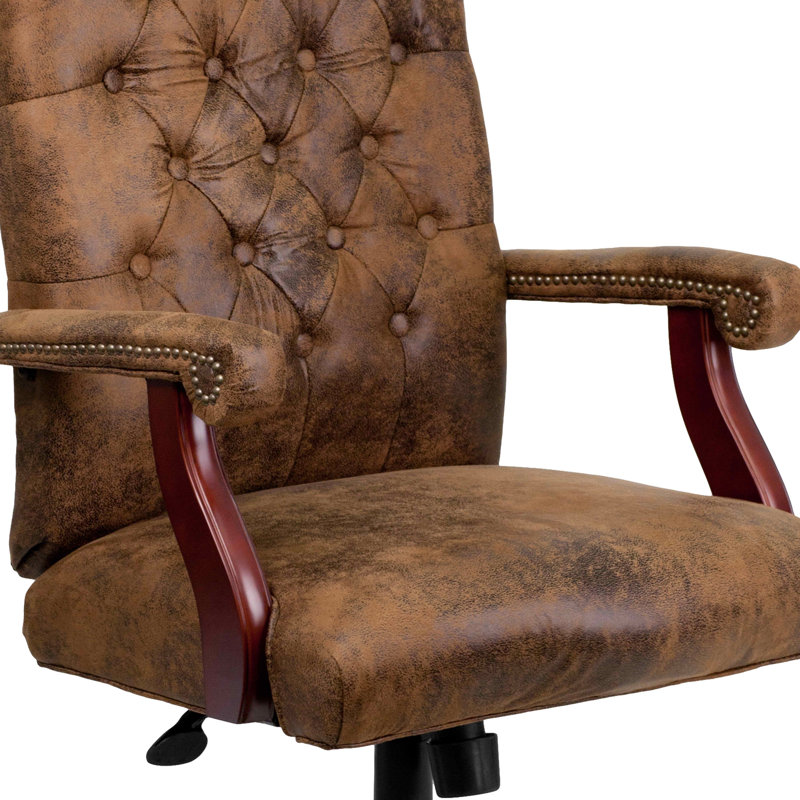 Rustic Brown Leather Executive Swivel Office Chair with Arms