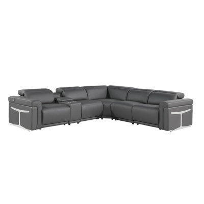 Gray Italian Leather Modular L Shaped Six Piece Corner Sectional With Console