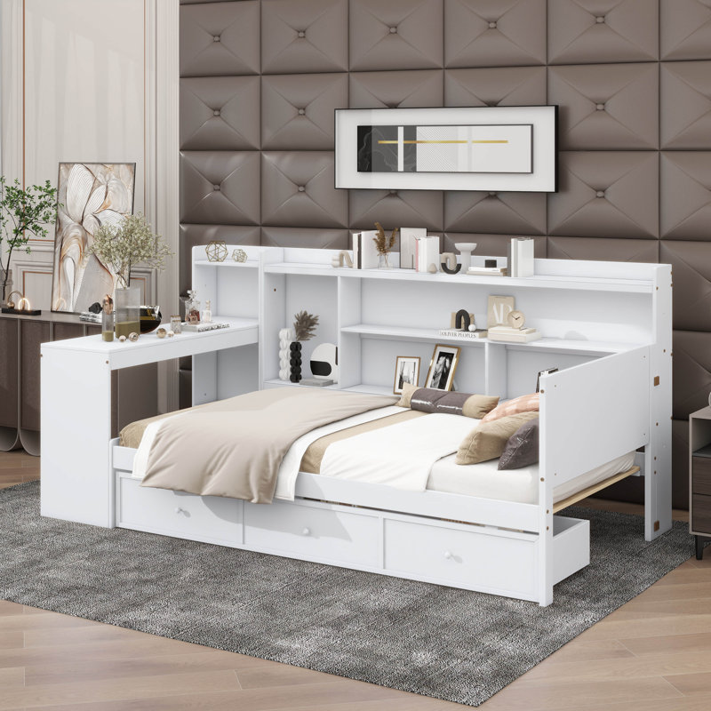 Lit de jour en bois pleine grandeur avec trois tiroirs intégrés et ports de chargement USB intégrés, Blanc / Blanc