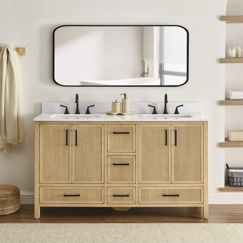 Lineberger 60'' Bathroom Vanity In Fluted Baltic Birch Finish With Carrara White Engineer Stone Countertop