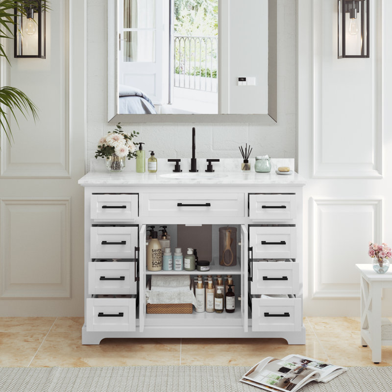 White 48'' Single Bathroom Vanity with Engineered Marble Top