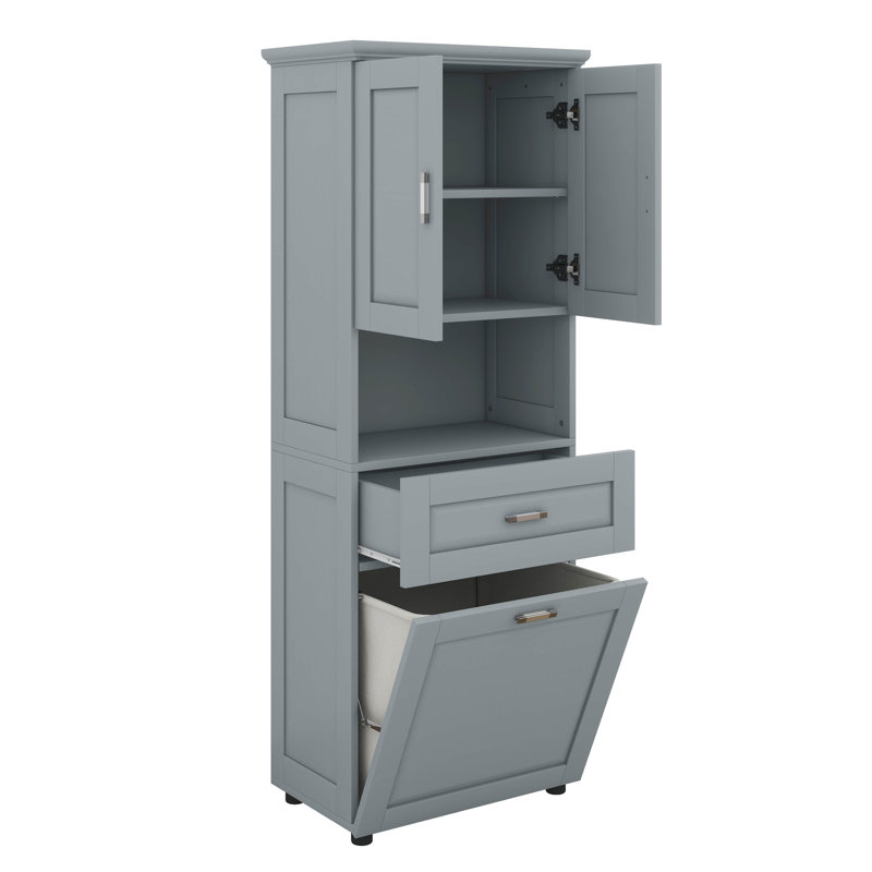 Tall Bathroom Cabinet With Laundry Basket, Freestanding Cabinet With Doors, Storage Space Tilt-Out Laundry Hamper, Gray
