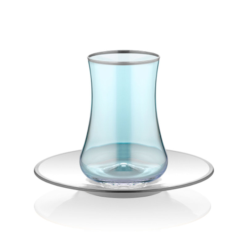 Glass Teacup and Saucer, Blue/White