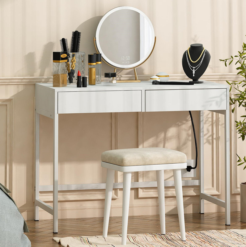 Bureau de charge 40 po avec 2 prises et 2 ports USB - Bureau d'ordinateur / meuble-lavabo à 2 tiroirs pour bureau ou chambre à coucher
