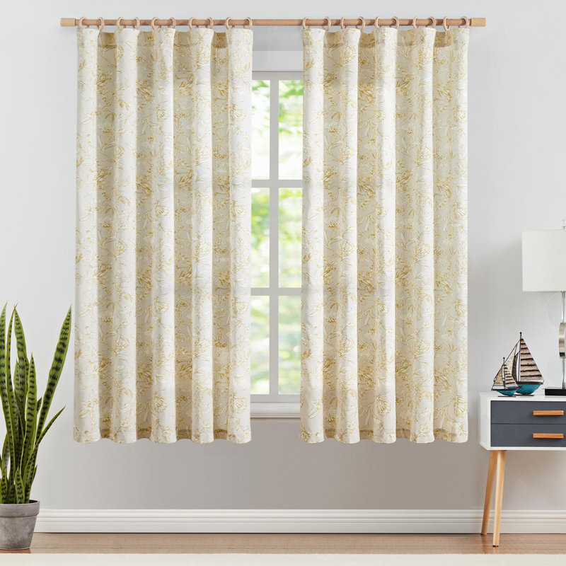 Floral Linen Blend Farmhouse Rod Pocket Curtains, 50" W x 63" L, Yellow