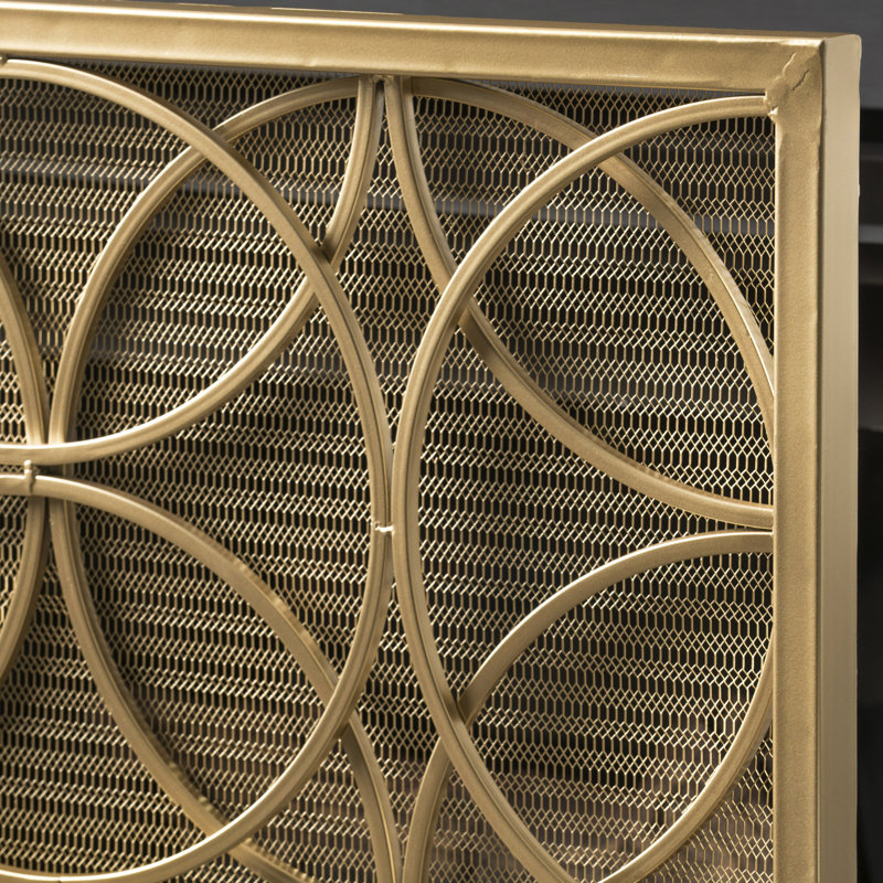 Iron Fireplace Protector, Overlapping Circle Pattern, Single, Gold Stylish Screen, Geometric Overlap, Single Panel, Golden Hue