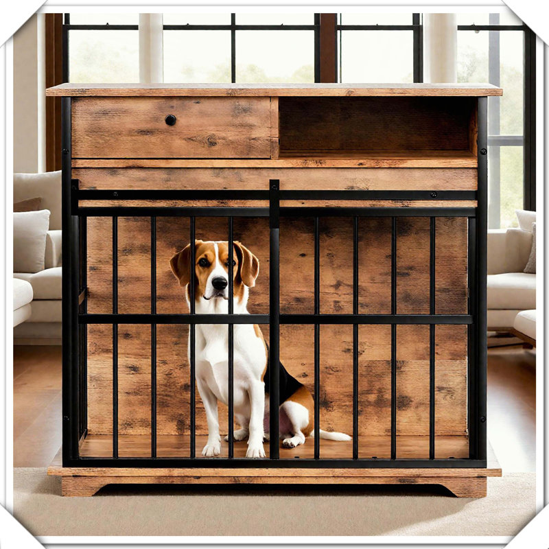 Caisse en bois pour chien avec cage pour chien de taille moyenne, Noyer / noir